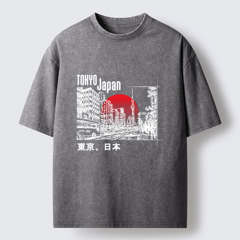 Tokyo-Tiger Bustling Street Scene In Japan Washed T-Shirt