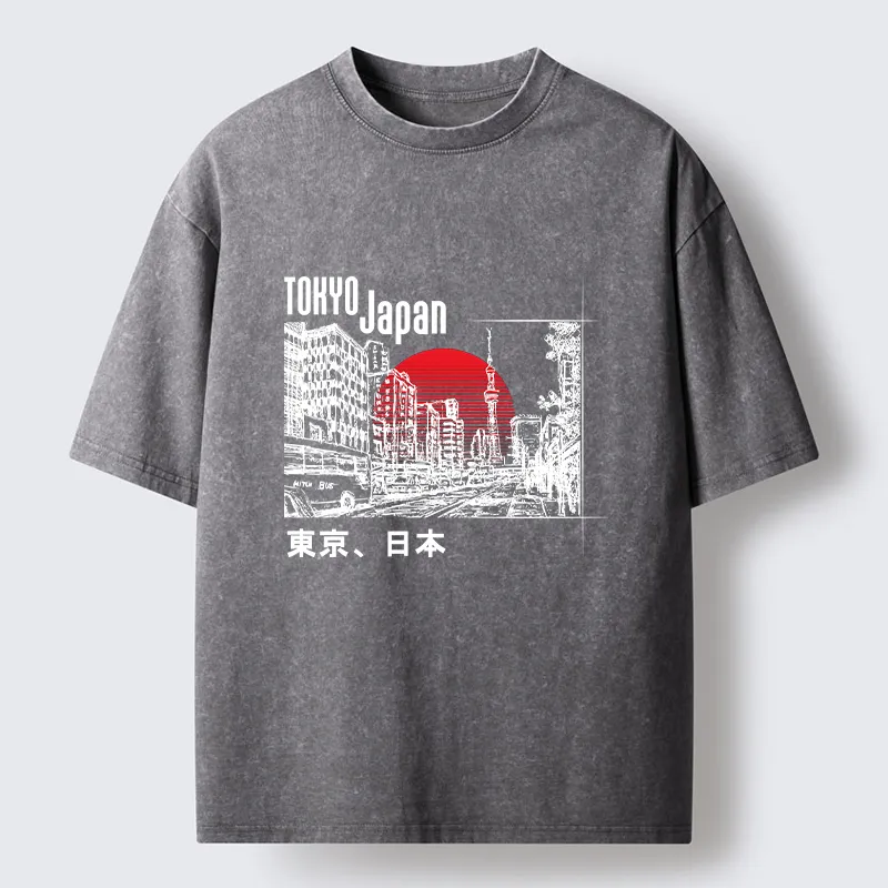 Tokyo-Tiger Bustling Street Scene In Japan Washed T-Shirt