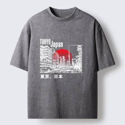 Tokyo-Tiger Bustling Street Scene In Japan Washed T-Shirt