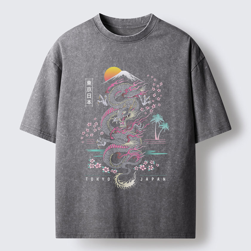 Tokyo-Tiger Retro Japanese Dragon Washed T-Shirt
