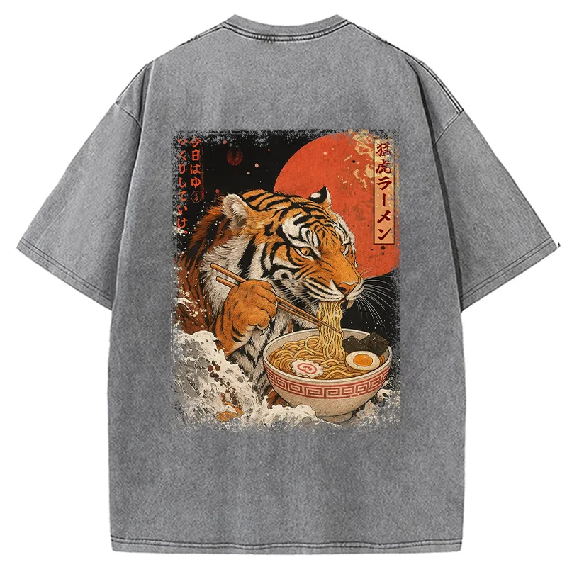 Tokyo-Tiger Ukiyoe Japan Tiger Eating Ramen Back Washed T-Shirt