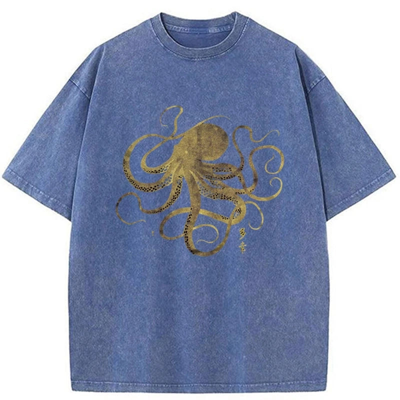 Tokyo-Tiger Octopus Japanese Gold Print Tattoo Washed T-Shirt