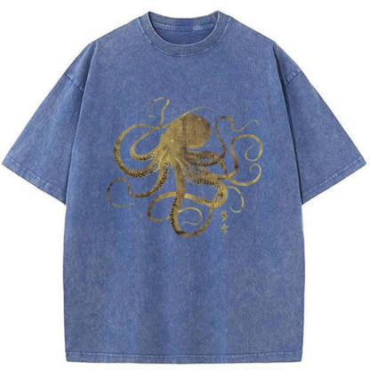Tokyo-Tiger Octopus Japanese Gold Print Tattoo Washed T-Shirt