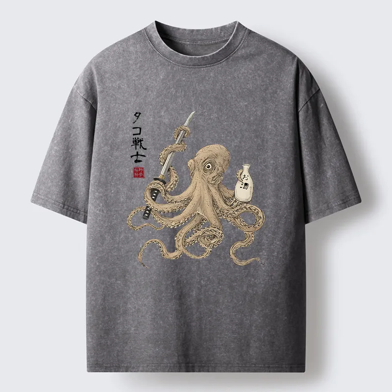 Tokyo-Tiger Octopus Samurai And Sake Washed T-Shirt