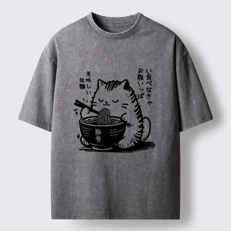 Tokyo-Tiger Cute Cat Eating Ramen Washed T-Shirt