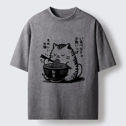 Tokyo-Tiger Cute Cat Eating Ramen Washed T-Shirt