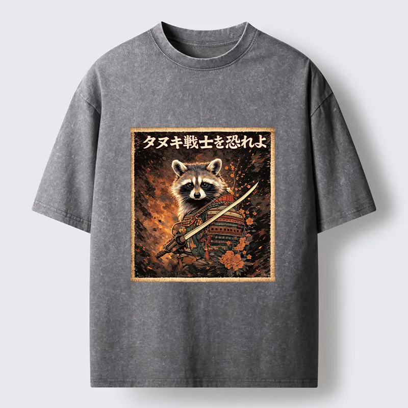 Tokyo-Tiger Japanese Raccoon Samurai Washed T-Shirt