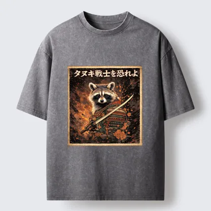 Tokyo-Tiger Japanese Raccoon Samurai Washed T-Shirt