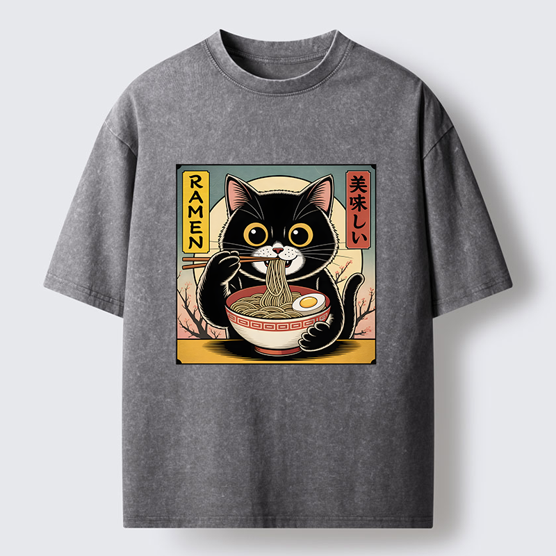 Tokyo-Tiger Black Cat Eats A Big Bowl Of Ramen Funny Washed T-Shirt