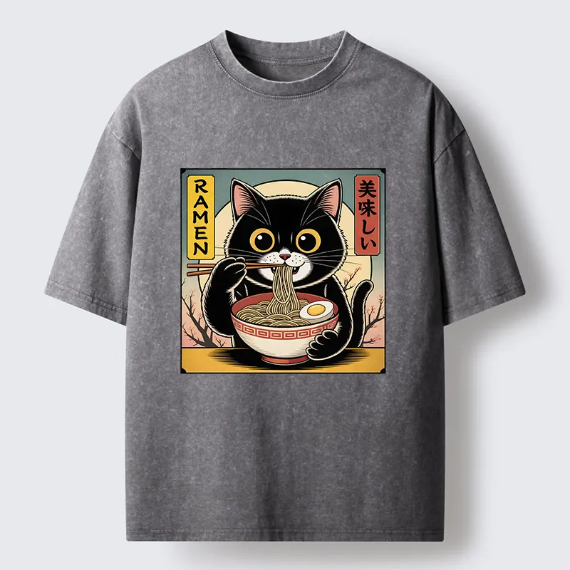 Tokyo-Tiger Black Cat Eats A Big Bowl Of Ramen Funny Washed T-Shirt