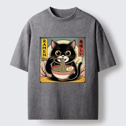 Tokyo-Tiger Black Cat Eats A Big Bowl Of Ramen Funny Washed T-Shirt