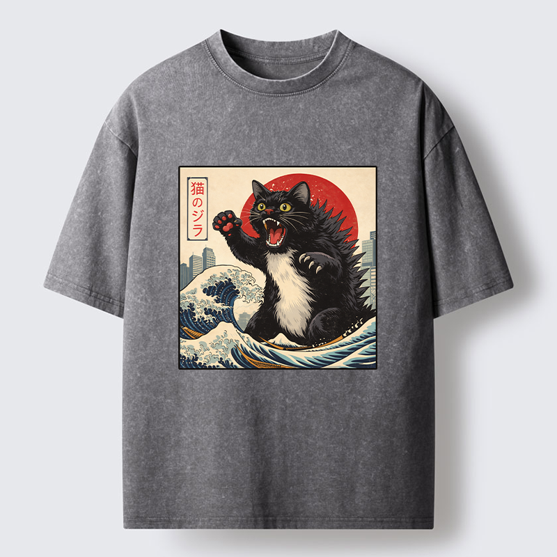 Tokyo-Tiger Black Cat Eats A Big Bowl Of Ramen Funny Washed T-Shirt