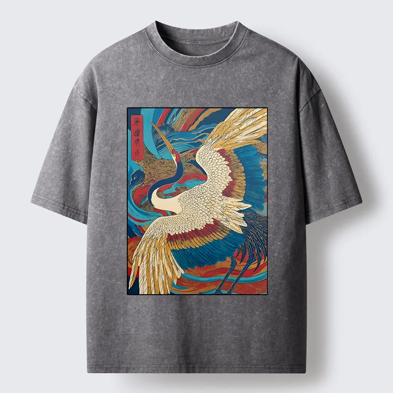 Tokyo-Tiger Retro And Gorgeous Crane Washed T-Shirt