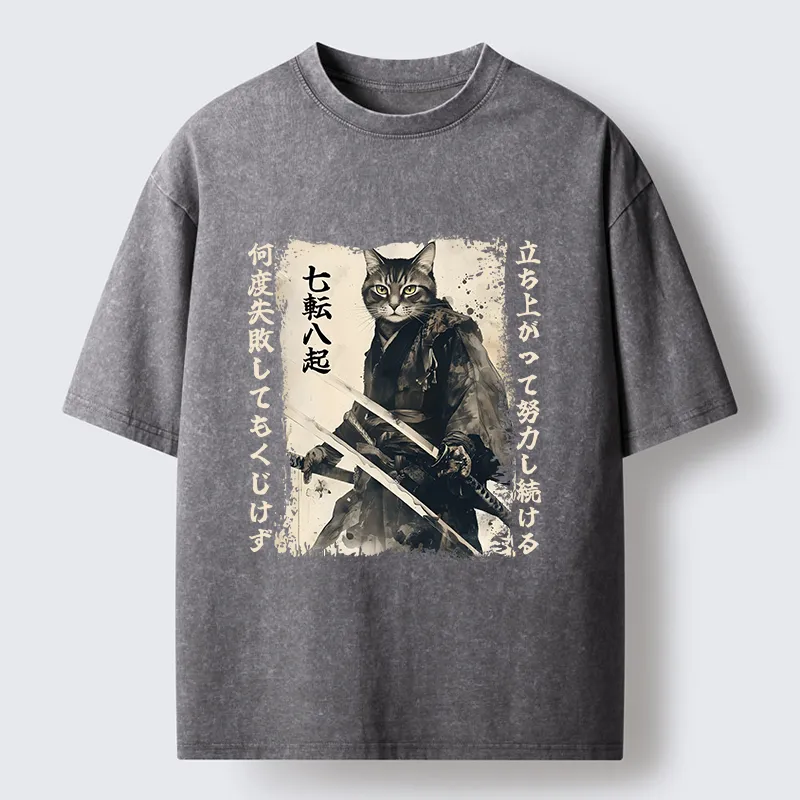Tokyo-Tiger Samurai Japanese Cat Washed T-Shirt