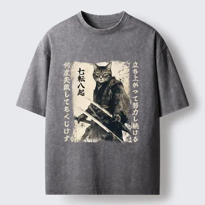 Tokyo-Tiger Samurai Japanese Cat Washed T-Shirt