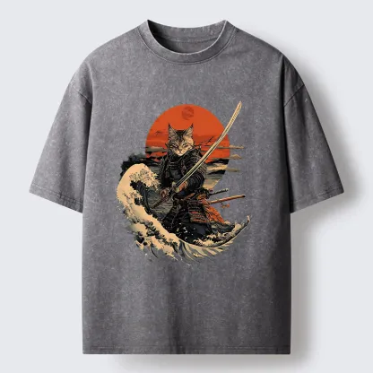 Tokyo-Tiger Handsome Cat Samurai Japanese Washed T-Shirt