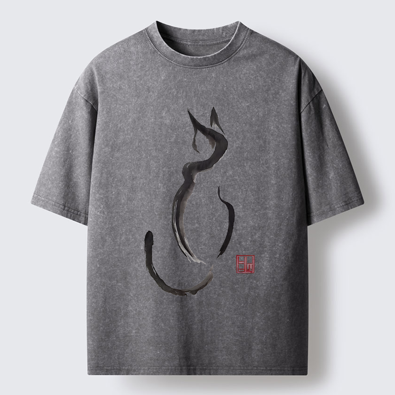 Tokyo-Tiger Minimalist Cat Ink Washed T-Shirt