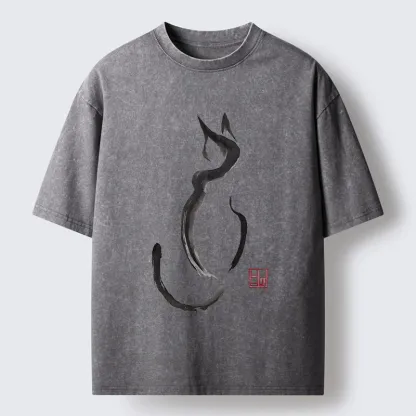 Tokyo-Tiger Minimalist Cat Ink Washed T-Shirt