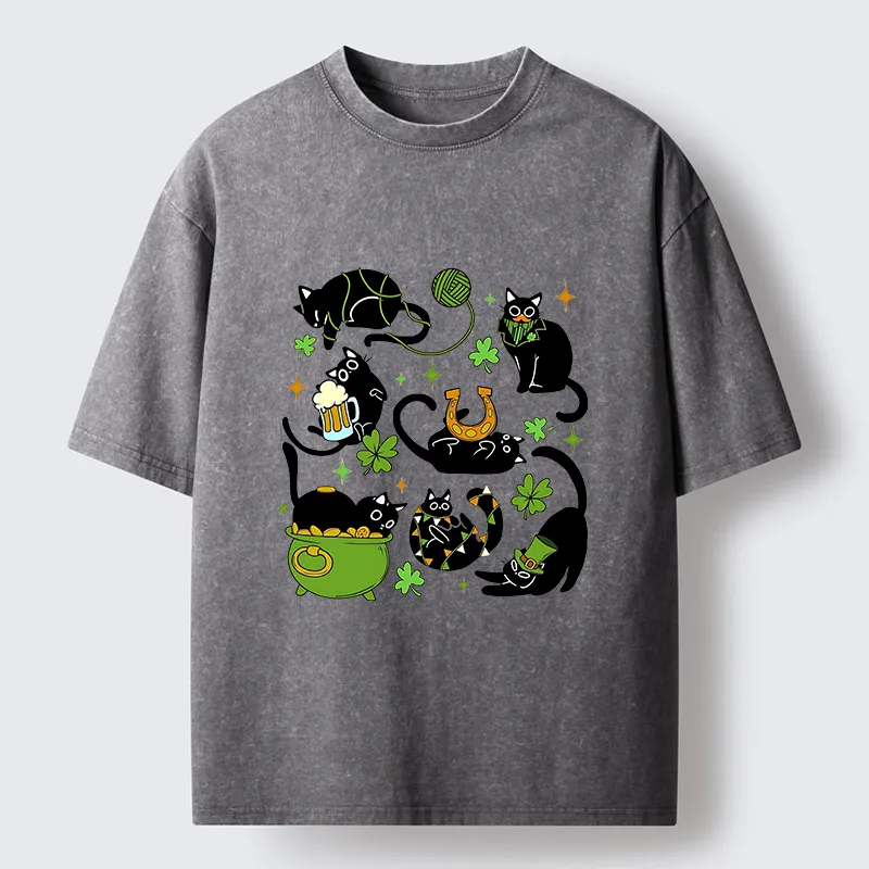 Tokyo-Tiger St Patrick's Day Black Cat Funny Washed T-Shirt