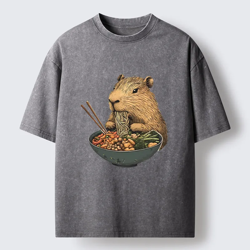 Tokyo-Tiger Capybara Eating Ramen Funny Washed T-Shirt