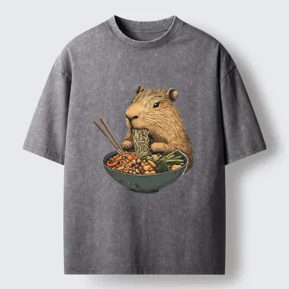 Tokyo-Tiger Capybara Eating Ramen Funny Washed T-Shirt