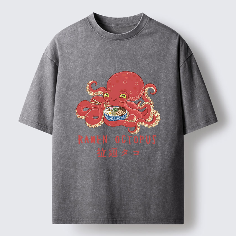 Tokyo-Tiger Cute Octopus Eating Ramen Washed T-Shirt