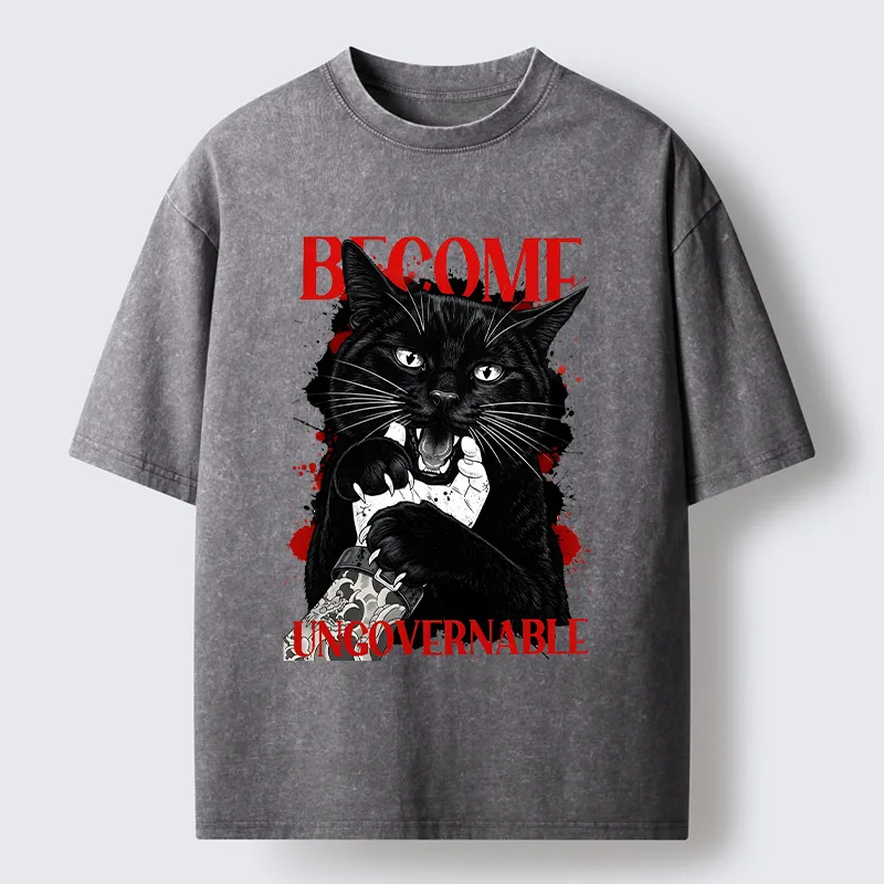Tokyo-Tiger Biting Black Cat Washed T-Shirt