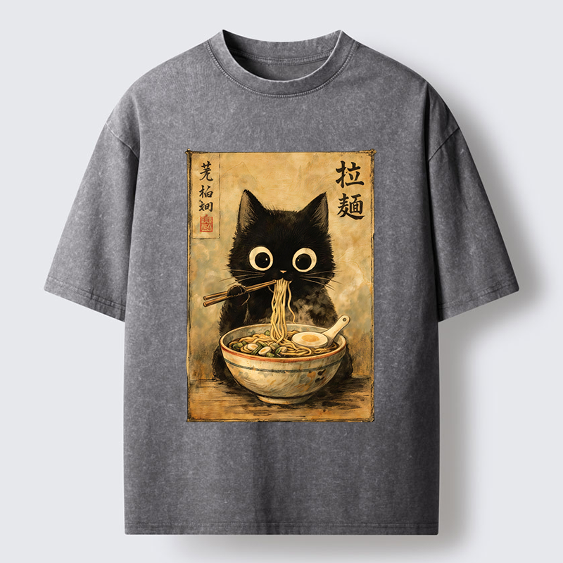 Tokyo-Tiger Cute Black Cat Eating Japanese Ramen Washed T-Shirt