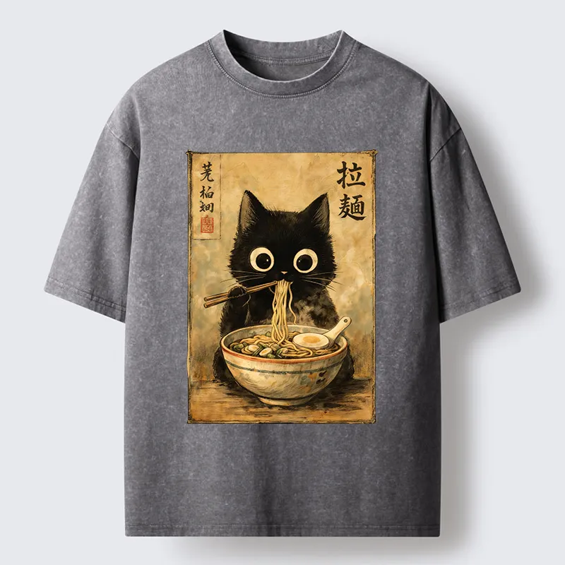 Tokyo-Tiger Cute Black Cat Eating Japanese Ramen Washed T-Shirt