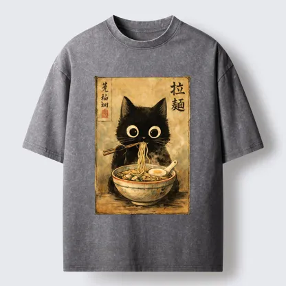 Tokyo-Tiger Cute Black Cat Eating Japanese Ramen Washed T-Shirt