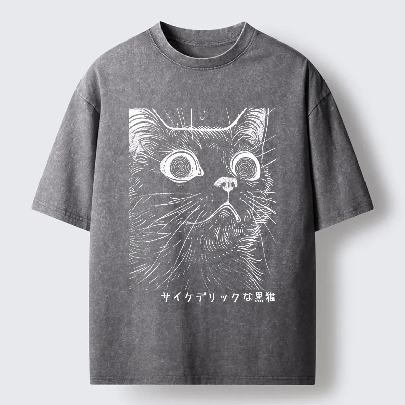 Tokyo-Tiger Trippy Black Cat Washed T-Shirt