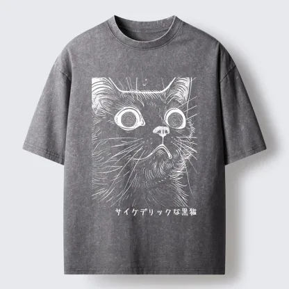 Tokyo-Tiger Trippy Black Cat Washed T-Shirt