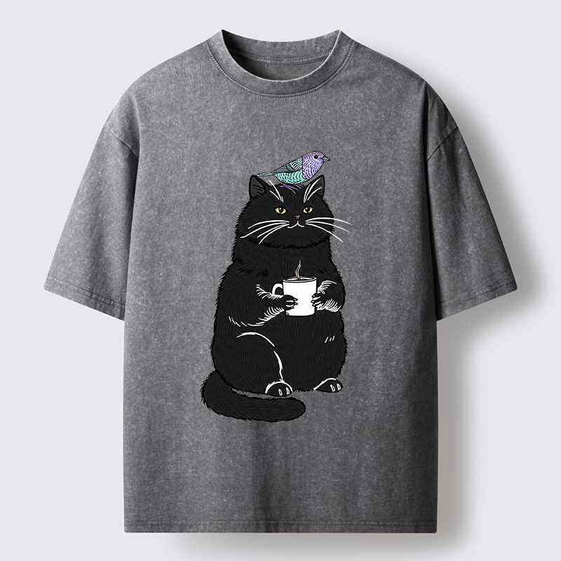 Tokyo-Tiger Black Cat And Bird Washed T-Shirt