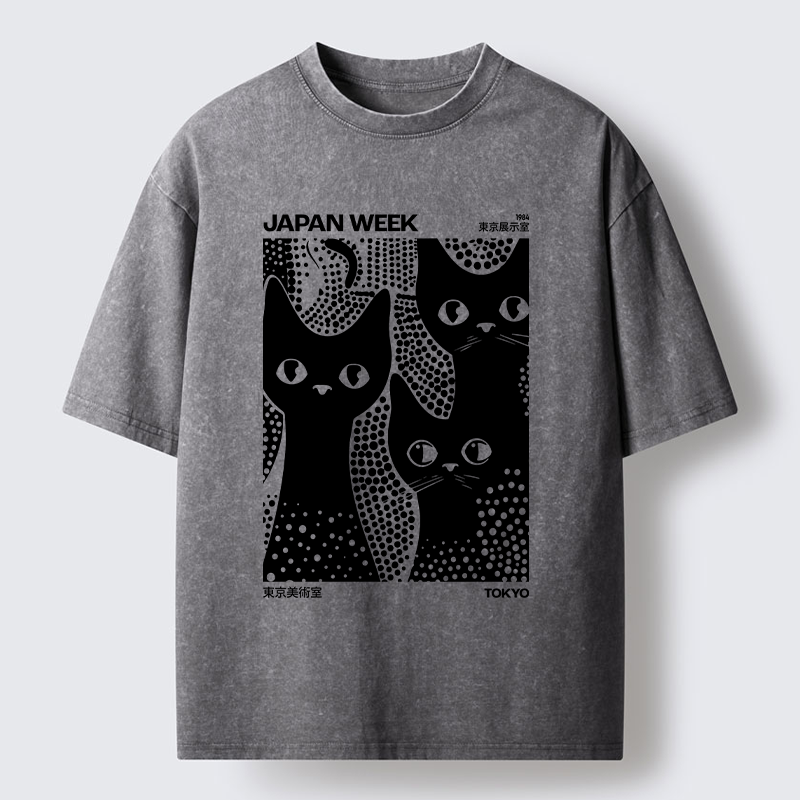 Tokyo-Tiger Black Cat Polka Dot Art Washed T-Shirt