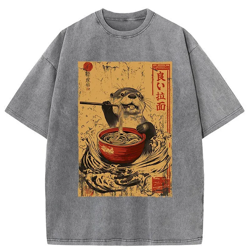 Tokyo-Tiger Otter Eating Ramen Japanese Washed T-Shirt