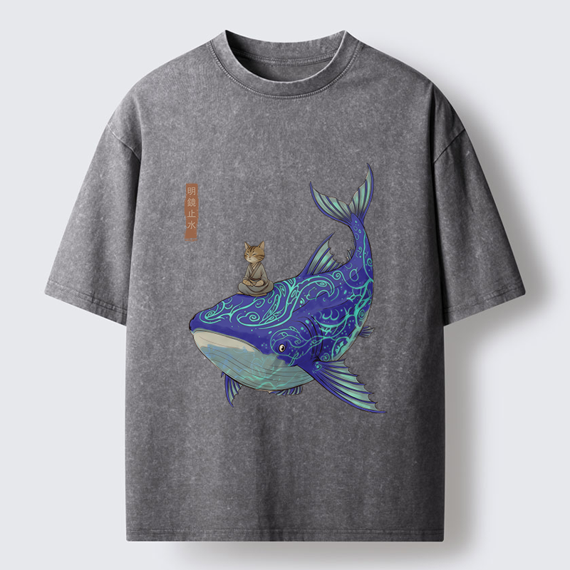 Tokyo-Tiger Cat Riding A Whale Washed T-Shirt