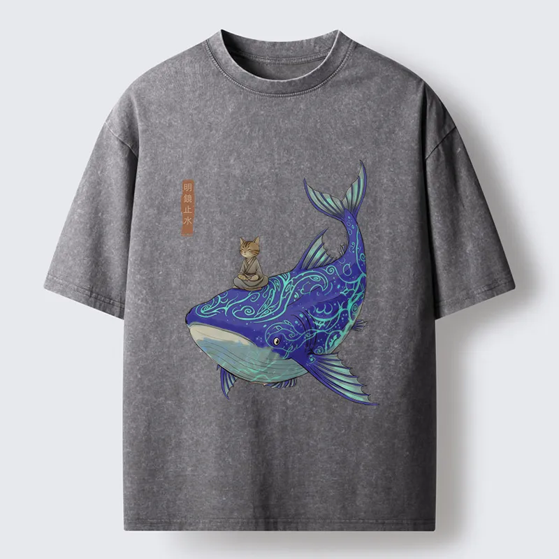 Tokyo-Tiger Cat Riding A Whale Washed T-Shirt