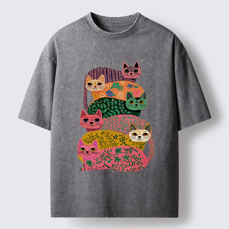 Tokyo-Tiger Colorful Cats Washed T-Shirt