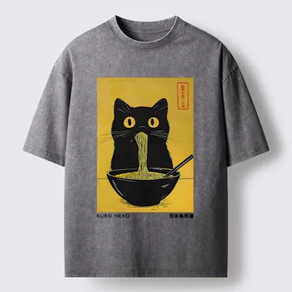 Tokyo-Tiger Black Cat Eats Ramen In Big Bites Washed T-Shirt