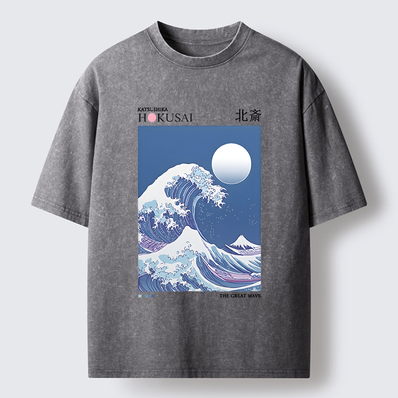 Tokyo-Tiger Blue Ukiyo-e Waves Washed T-Shirt