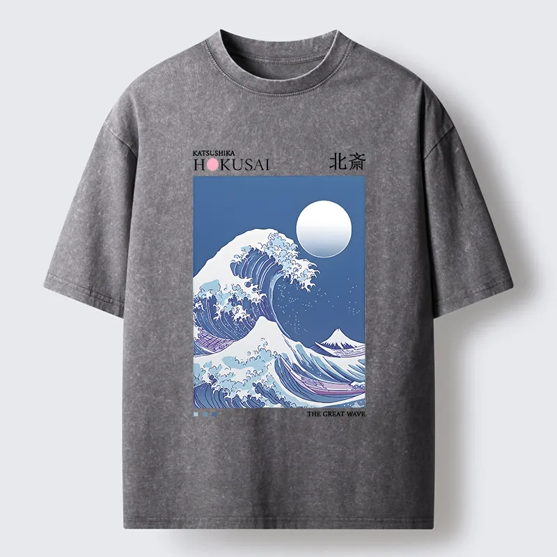 Tokyo-Tiger Blue Ukiyo-e Waves Washed T-Shirt