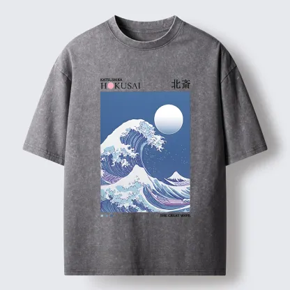 Tokyo-Tiger Blue Ukiyo-e Waves Washed T-Shirt