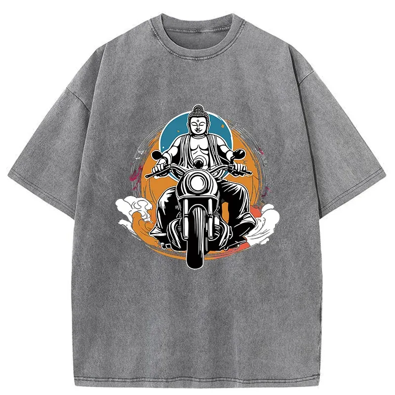 Tokyo-Tiger Buddha Riding A Motorcycle Washed T-Shirt