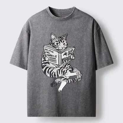 Tokyo-Tiger Cat Reading Books Washed T-Shirt