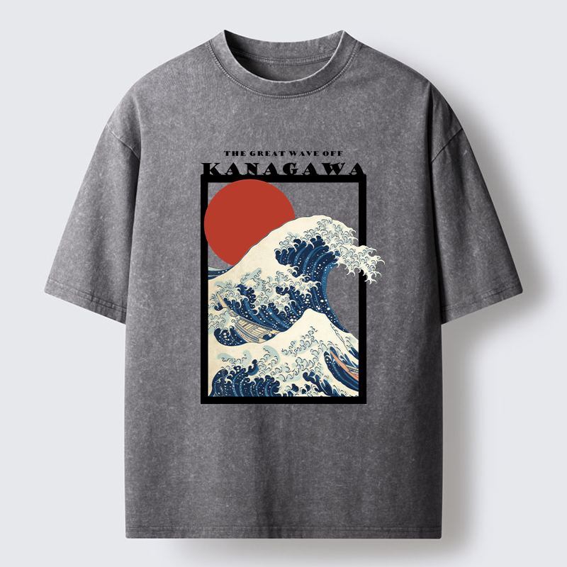 Tokyo-Tiger Minimalist Ukiyo-e Waves Washed T-Shirt