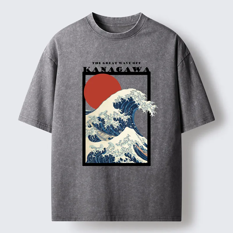 Tokyo-Tiger Minimalist Ukiyo-e Waves Washed T-Shirt