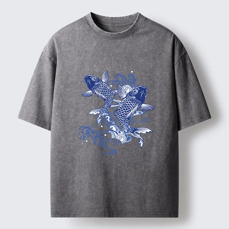 Tokyo-Tiger Traditional Koi Pattern Washed T-Shirt