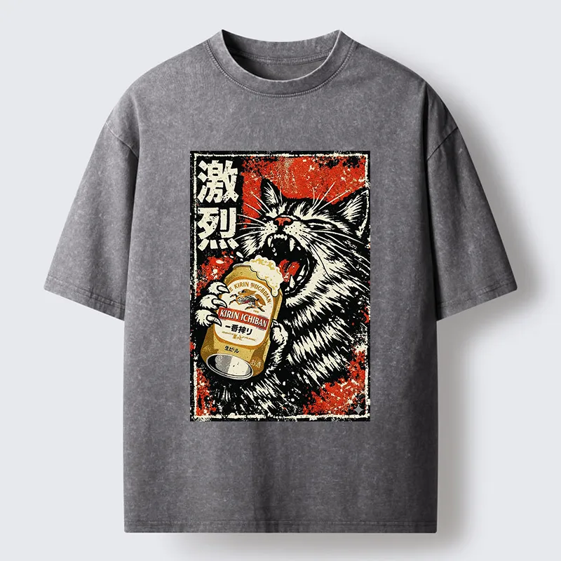 Tokyo-Tiger Cat Drinking Beer Washed T-Shirt