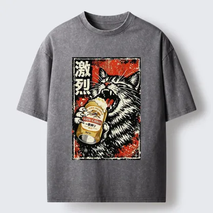 Tokyo-Tiger Cat Drinking Beer Washed T-Shirt