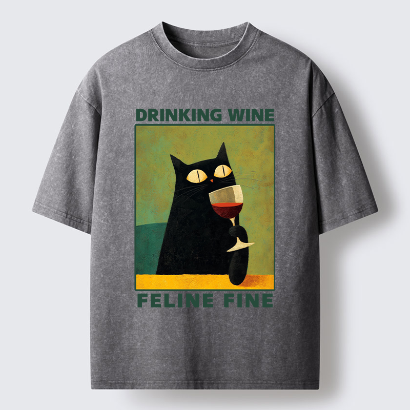 Tokyo-Tiger Drinking Wine Feline Wine Washed T-Shirt